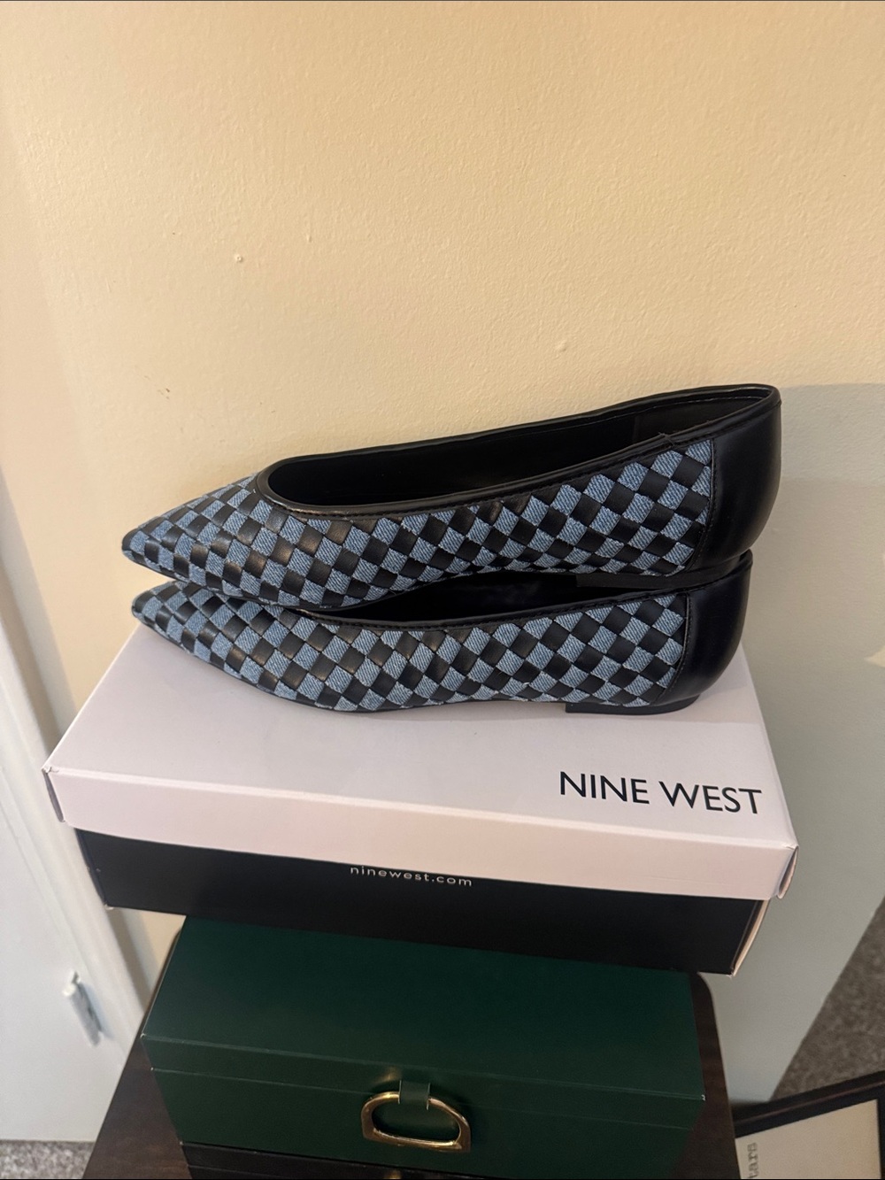 Nine West Black and Gray Checkered Pointed-Toe Flats